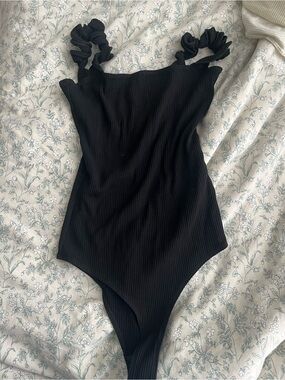 Reformation Black Ribbed One-Piece with Ruffle Straps